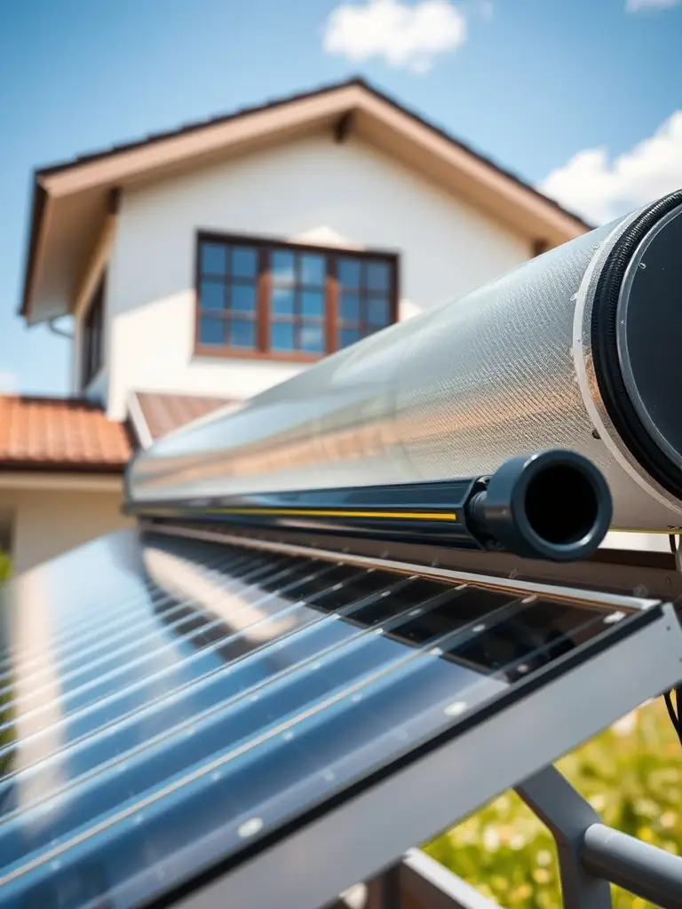A detailed image of an evacuated tube solar collector, highlighting the individual tubes and their insulation. The setting should be a modern home with solar panels already installed.