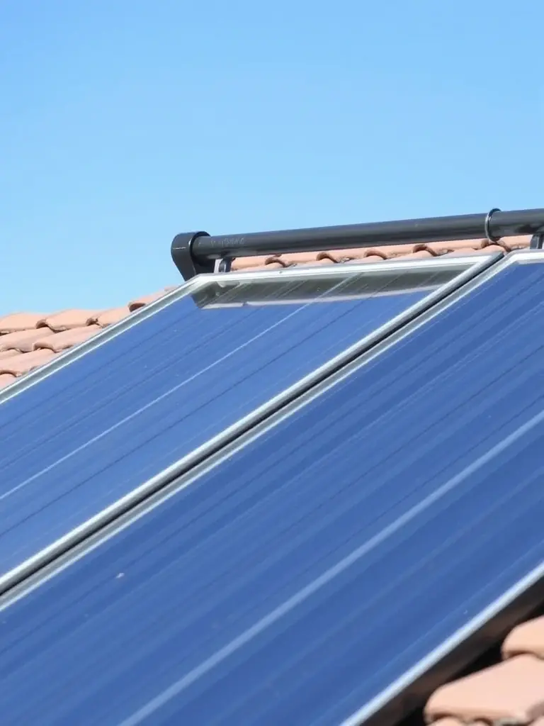 A close-up shot of a flat plate solar collector installed on a residential roof in Arizona, showcasing its simple design and durability in the desert climate. The background should feature a clear blue sky.