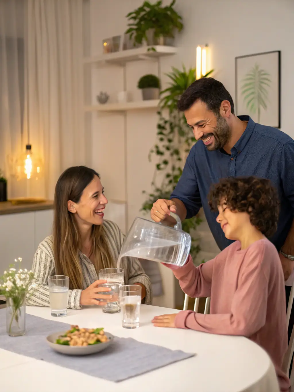 A family happily drinking water from a kitchen tap, emphasizing the health benefits and improved taste of water treated with a salt-free system.