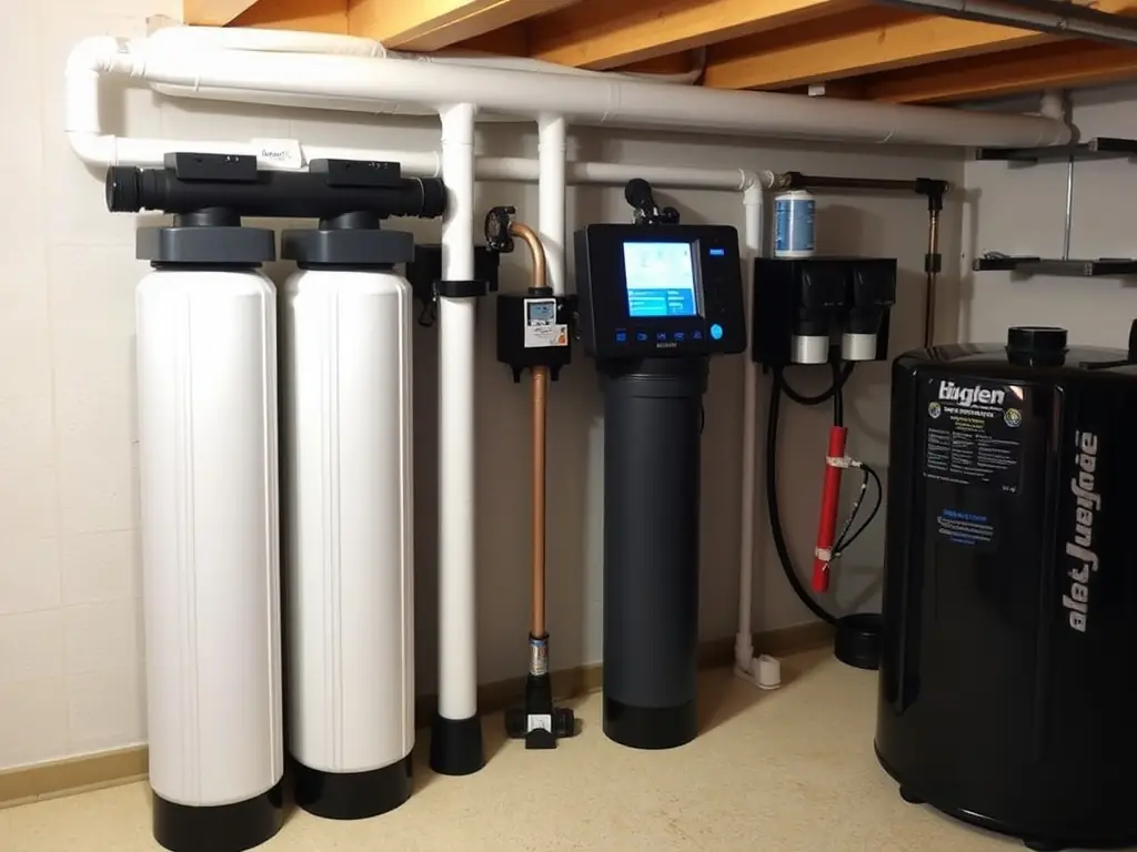 A whole-house water filtration system installed in a commercial building, emphasizing its ability to remove contaminants and improve water quality for various business applications.