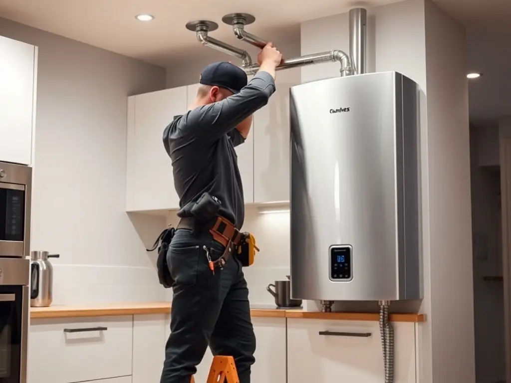 A plumber from Water Bucks LLC expertly installing a tankless water heater in a customer's home, highlighting the professional service and expertise offered.
