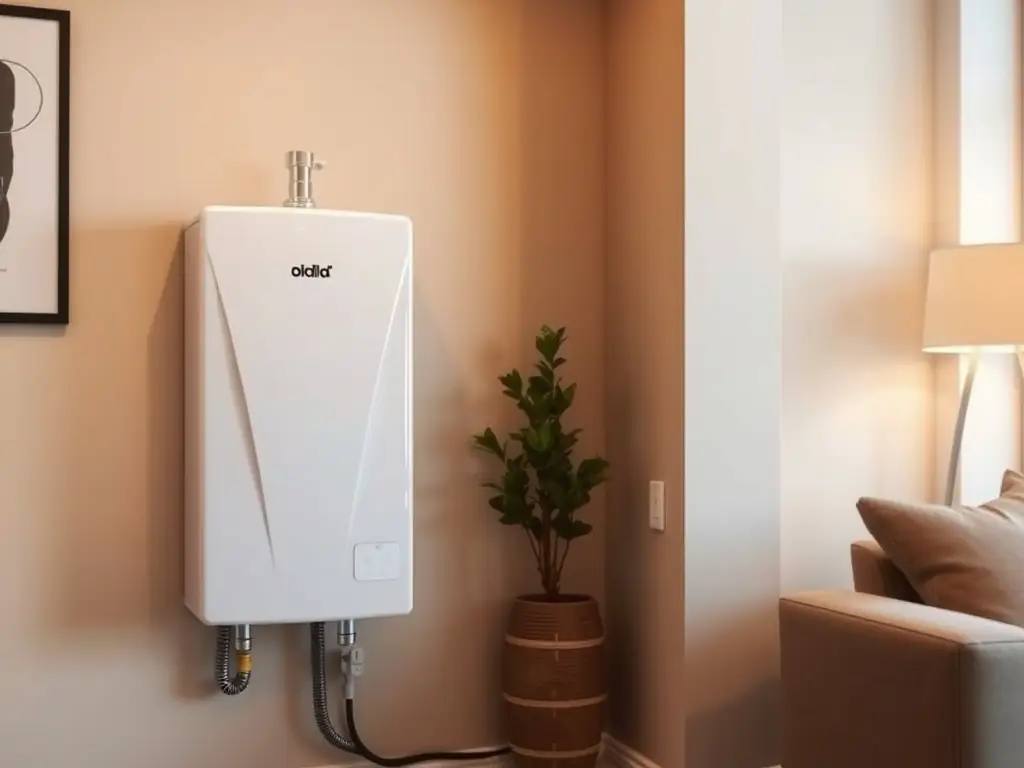 A close-up shot of the digital display on a tankless water heater, showing temperature settings and energy usage data, emphasizing its advanced technology.