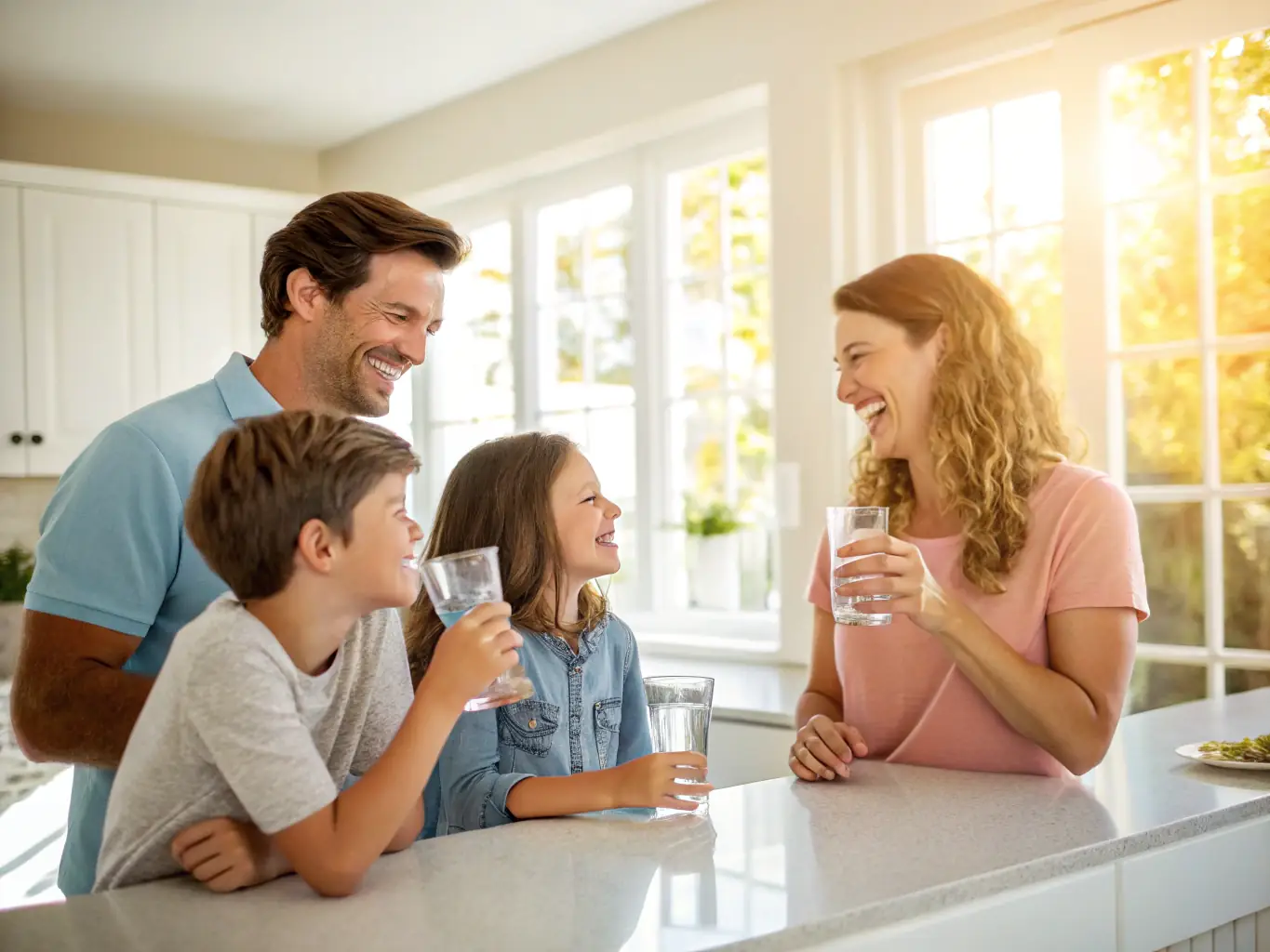A whole house reverse osmosis system installed in a garage, with clear water flowing from a tap and a family smiling in the background, emphasizing clean, safe water.