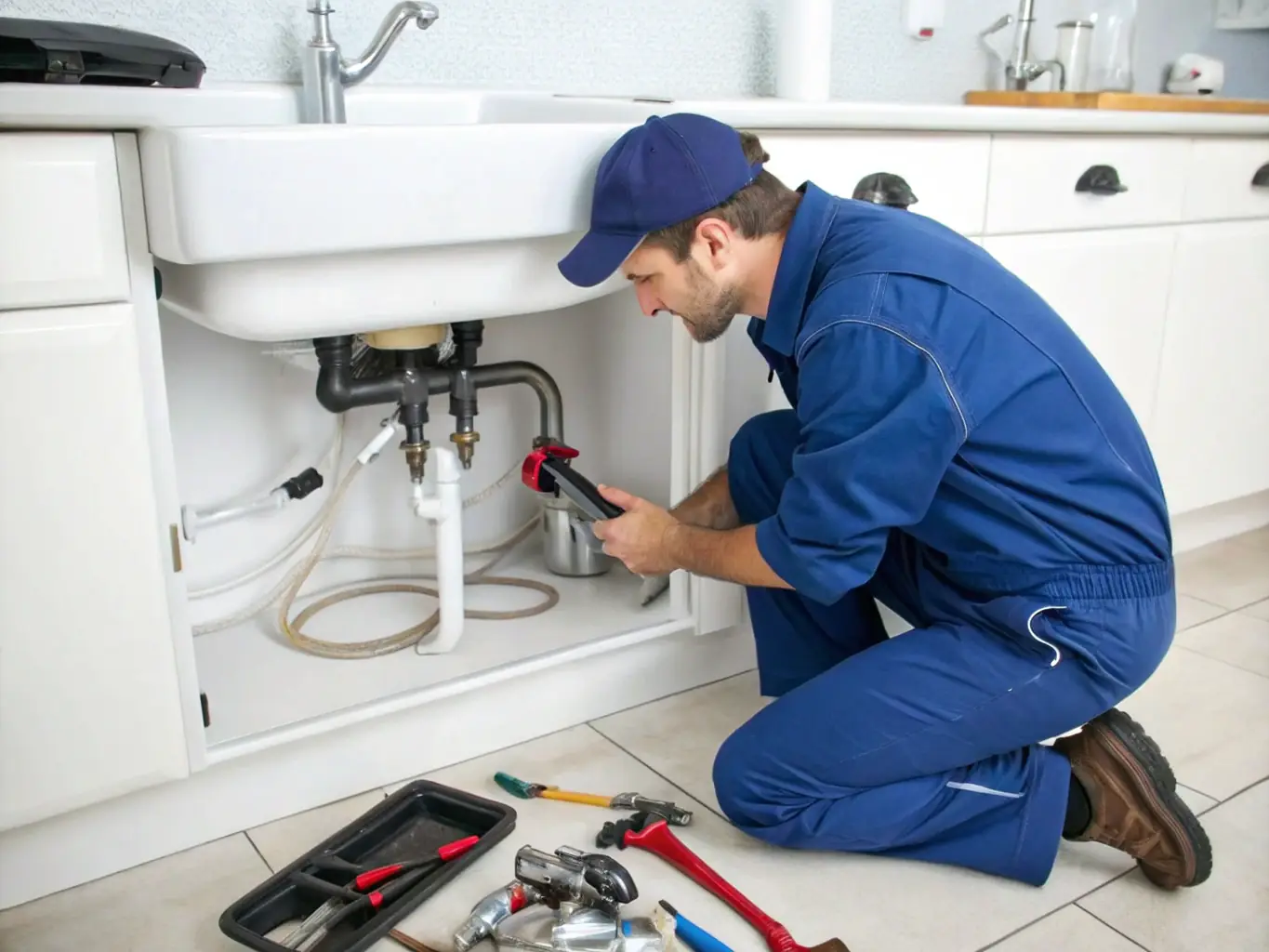A professional plumber in branded Water Bucks LLC attire repairing a kitchen sink, with high-quality tools and a focus on the plumbing under the counter.